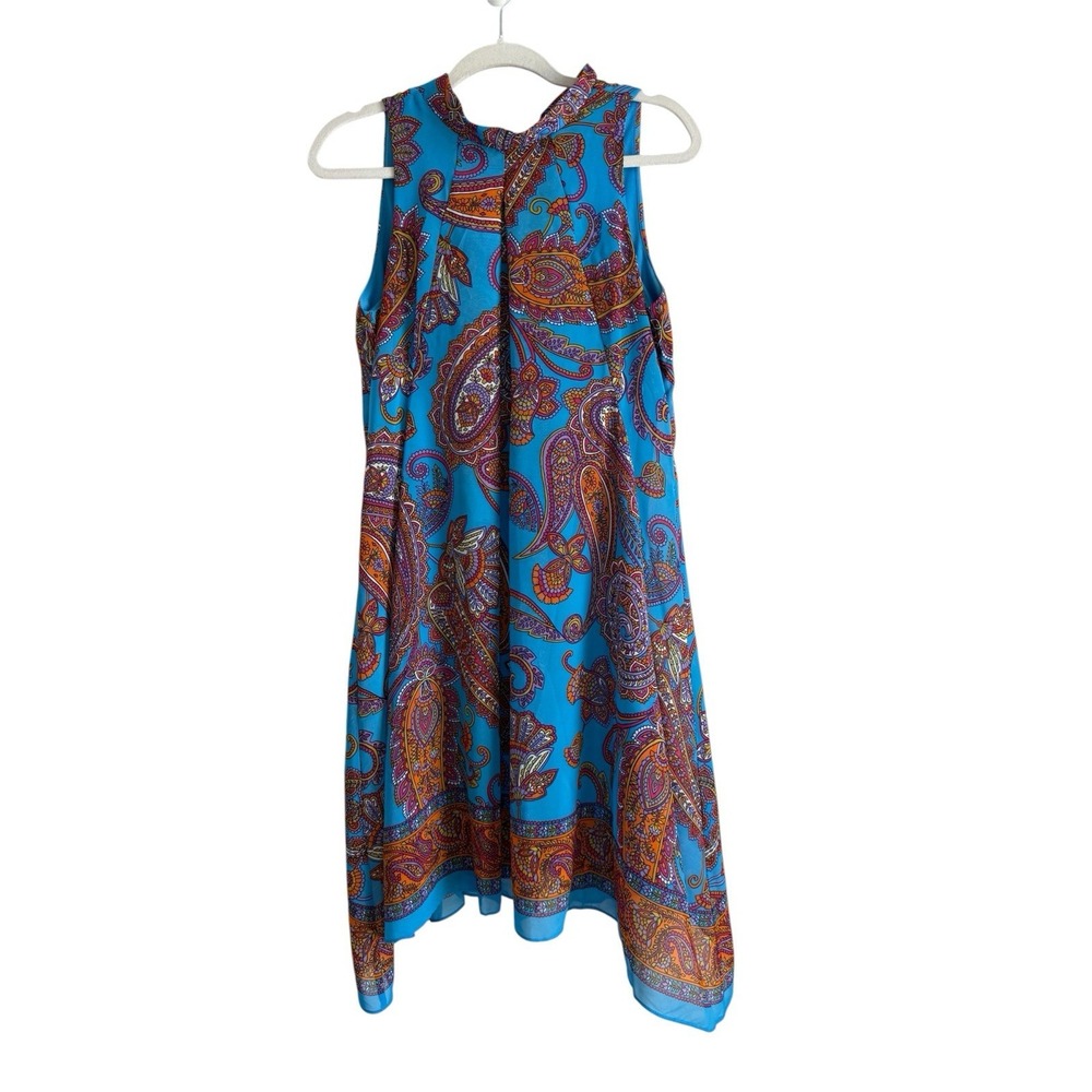Robbie Bee Blue Mock Neck Paisley Print Sleeveless Shift Dress Women's Size 10
